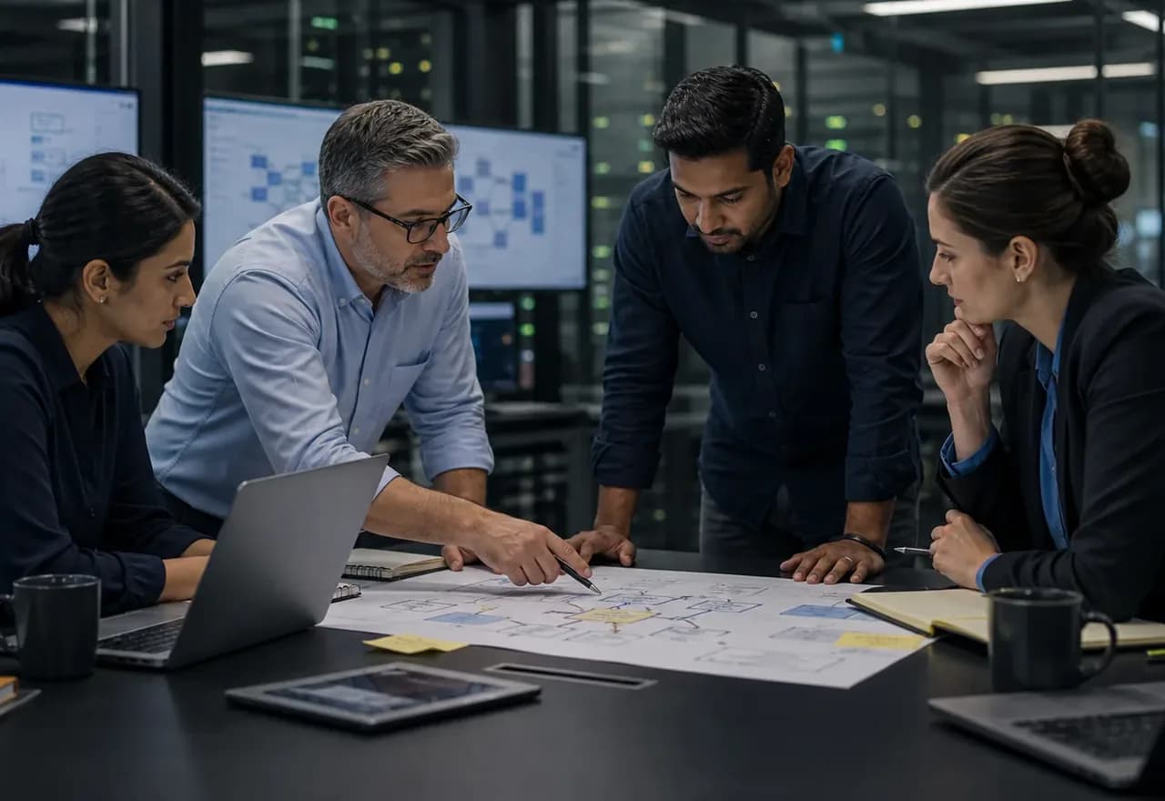 A project team openly reviewing progress and risks together